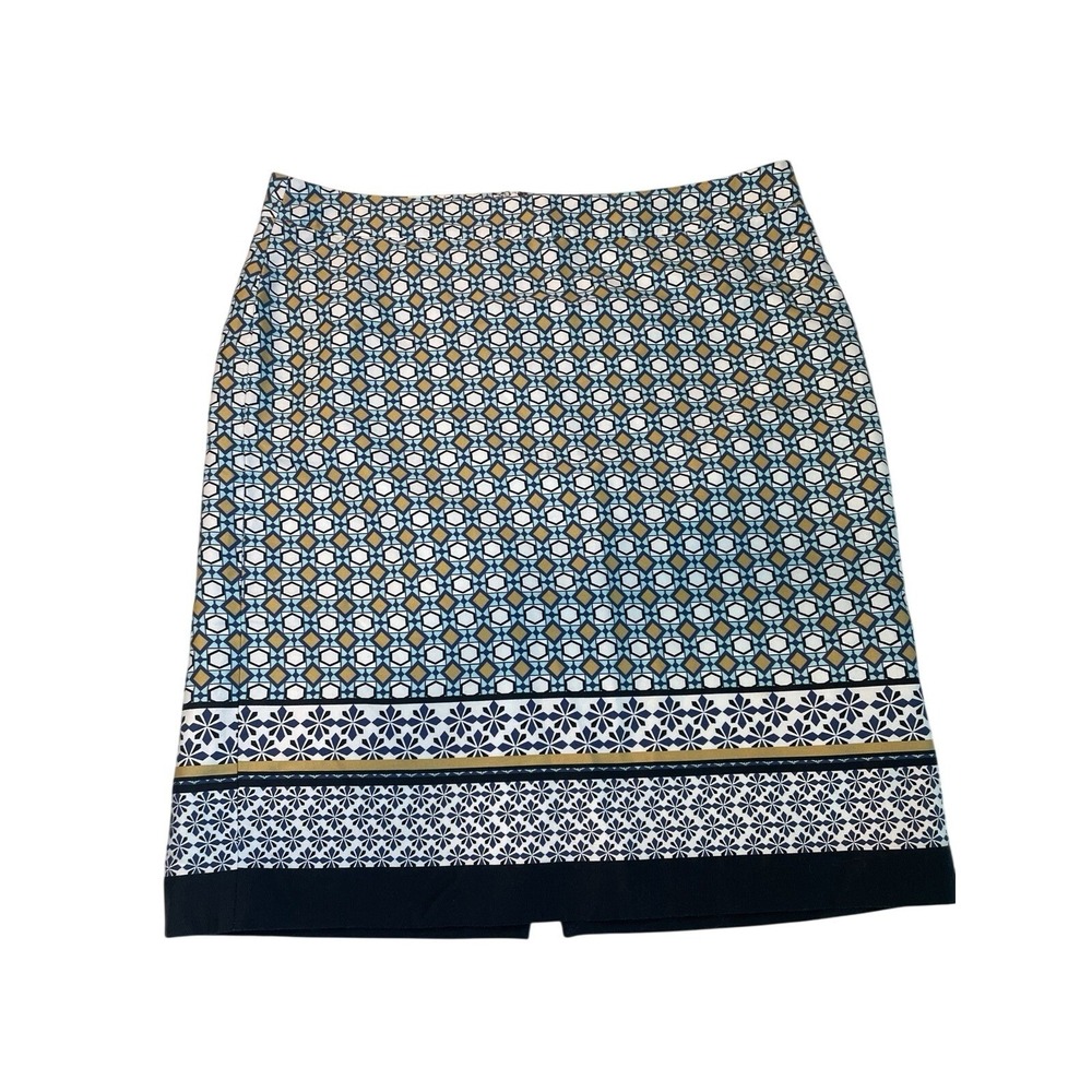 VanHeusen Womens Blue Gold Geometric Tile Print Pencil Skirt Size 12 Knee Length